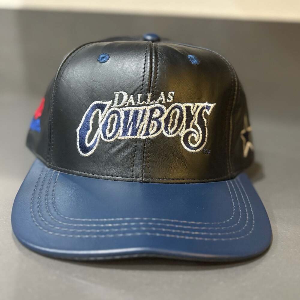 Vintage DALLAS COWBOYS Hat Cap Leather Black Navy Snapback Football NFL